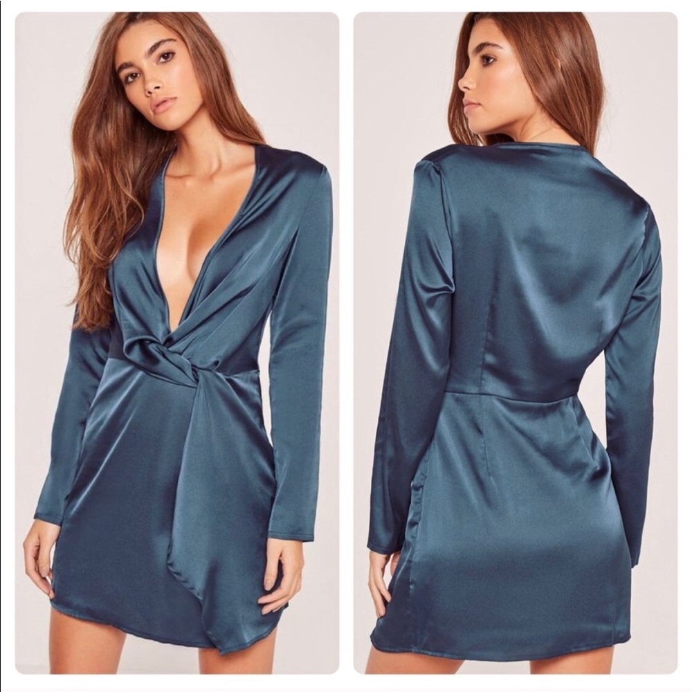 Missguided silky plunge wrap shift dress navy